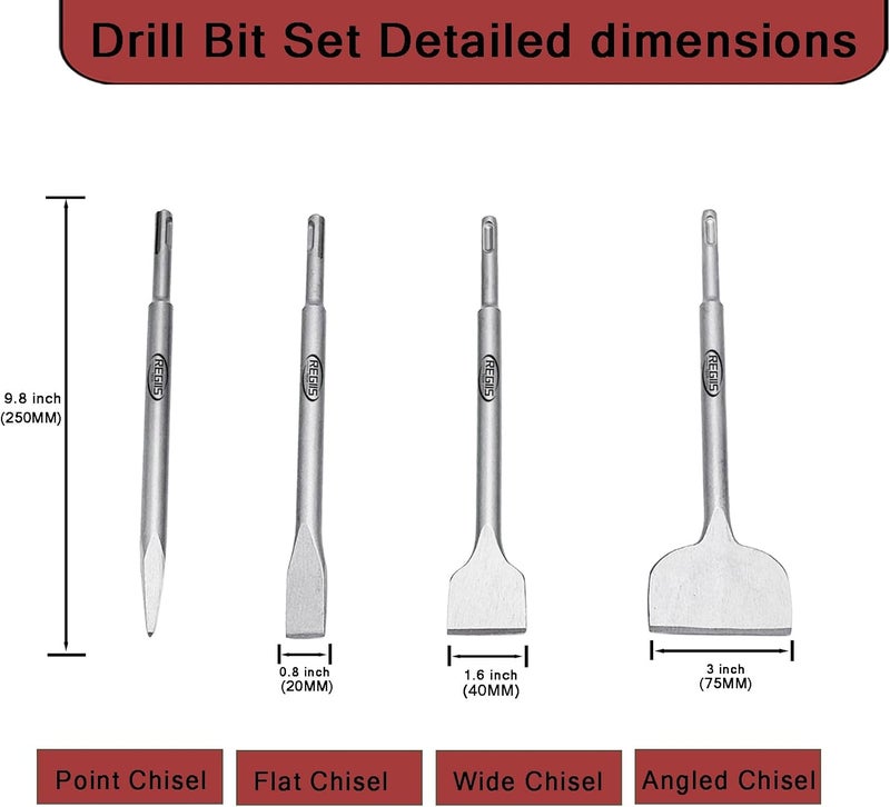 Regiis Tech 4 pcs SDS Plus Chisel Set, Masonry Concrete Drill Bit Set, Tile Removal Chisel Bits for Rotary Hammer with Point Flat Wide Tile Inclined Grooving Scraping Scaling Chisels - Image 2